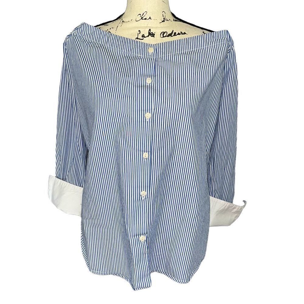 Stitch‎ and Knot royal blue & white striped stretch neck blouse XL